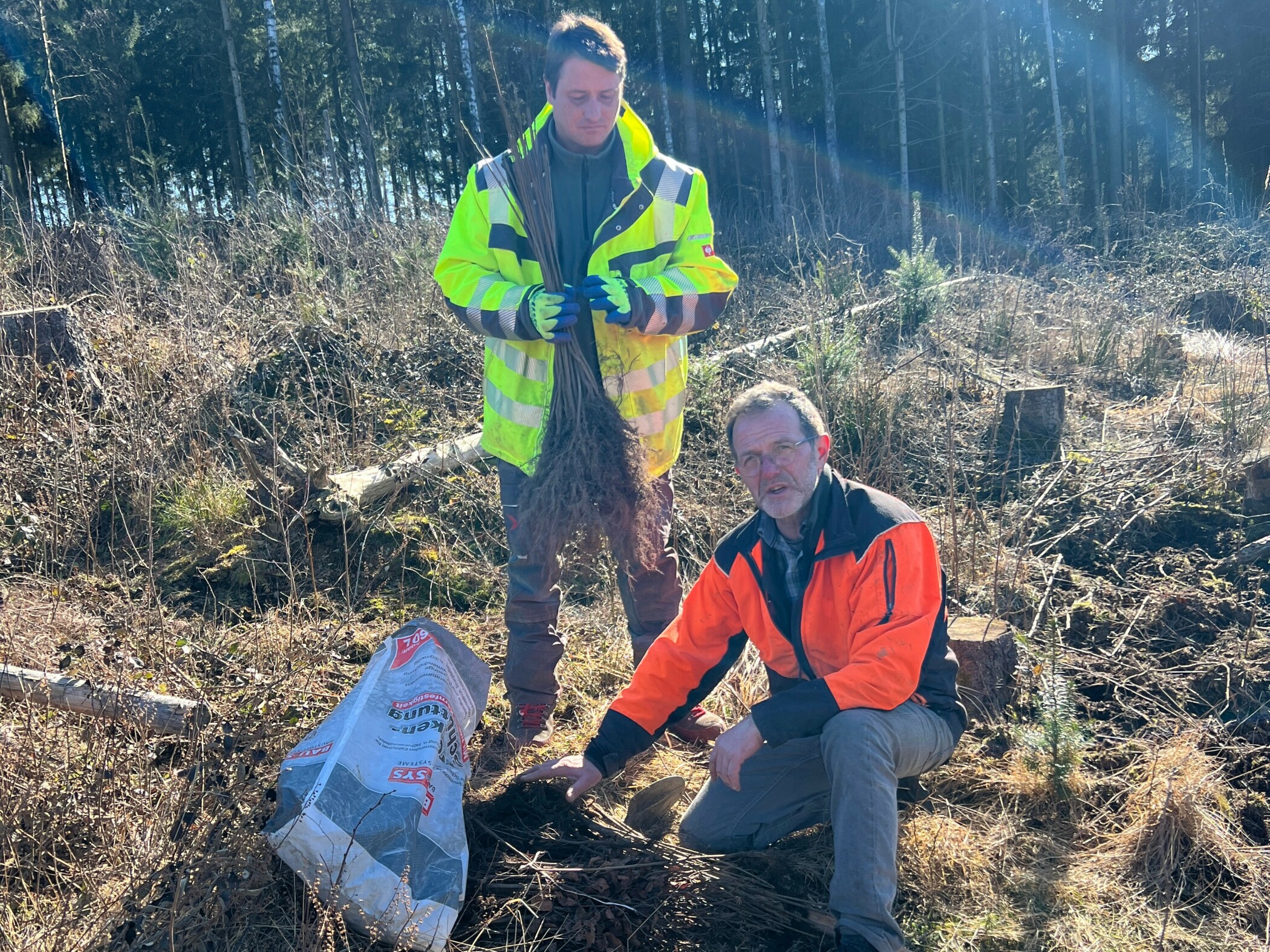 2 Mitarbeiter der Stiftung Unternehmen Wald in Arbeitskleidung beim Pflanzen der Stecklinge, einer kniet auf dem Boden und schaut ins Bild, der andere steht und hält die kleinen Bäume in der Hand.